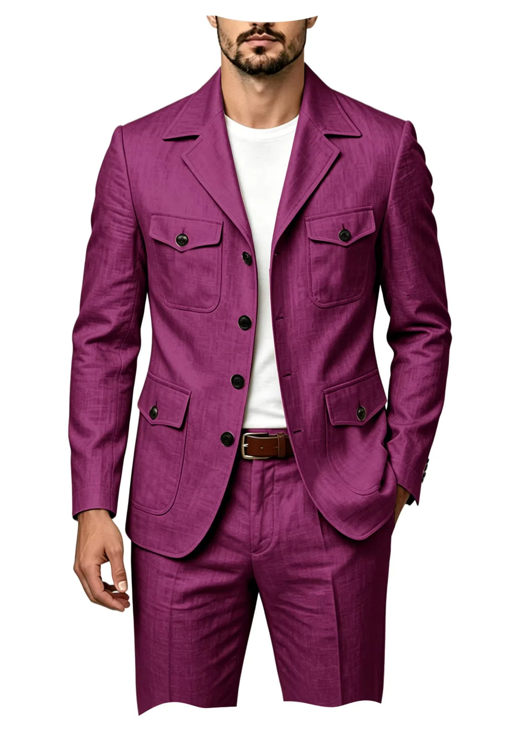 Men's Grey Linen Blend Suit 2 Piece Multi Pocket Peak Lapel Blazer pants Set Lightweight formal Suit for Summer Business Casual