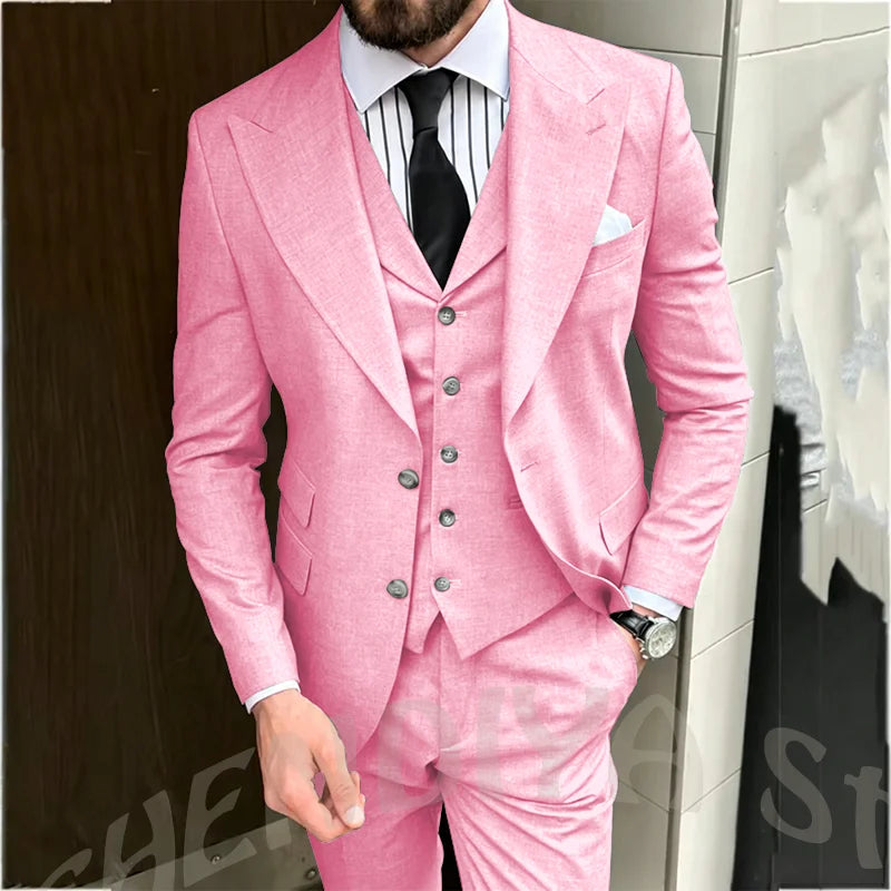 Light Gray Men Suit Business Three Piece Classic Design Single Breasted Peaked Lapel Blazer Vest Pants Formal Office Party Set