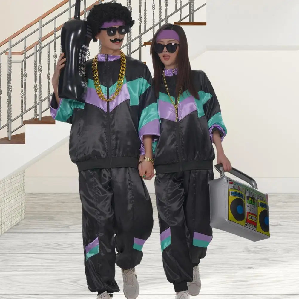 80s Men/Women Coat Pants Set Retro Hip Hop Disco Unisex Tracksuit Casual Color Block Jacket Elastic Waist Trousers Set
