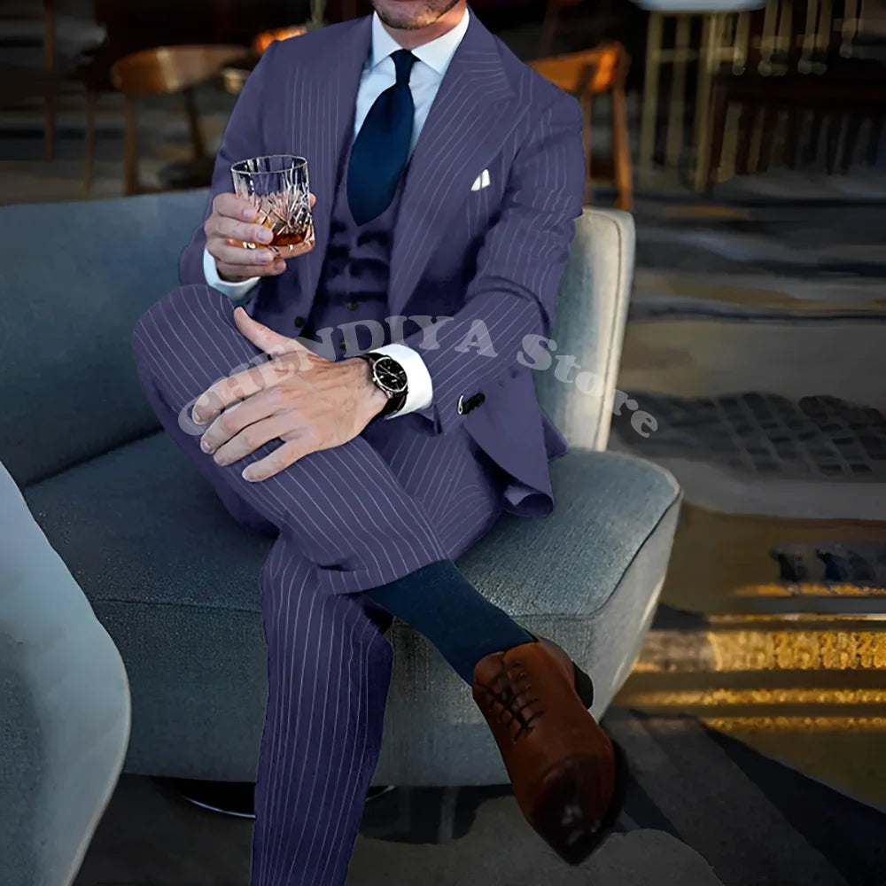 Chic Blue Pinstripe Men Suits Fashion Peak Lapel Business Casual Male Suit Elegant Wedding Groom Tuxedo Slim Fit 3 Piece Set