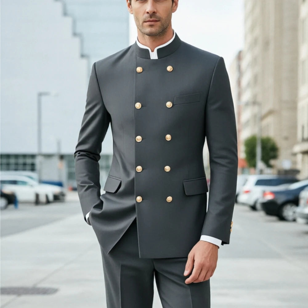 Double Breasted Suits for Men with Stand Collar Slim Fit Blazer with Pants 2 Pieces for Business Prom Formal Event Suit