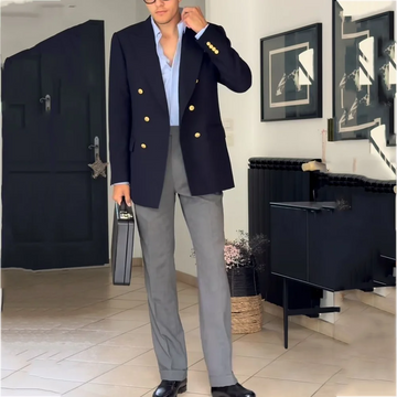 Men's Suits Business Casual Double Breasted Contrast Color Outfit 2 Piece Peak Lapel Blazer Pants Business Casual Male Clothing
