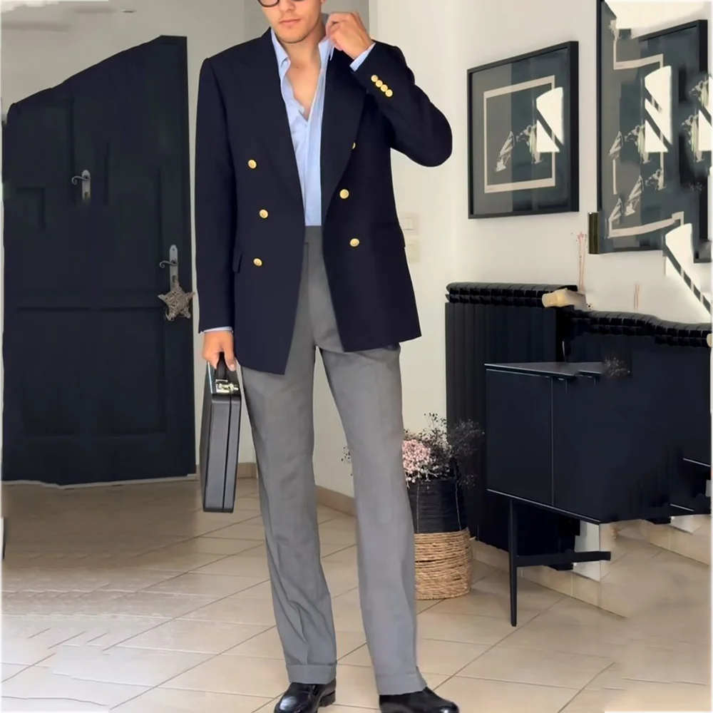 Men's Suits Business Casual Double Breasted Contrast Color Outfit 2 Piece Peak Lapel Blazer Pants Business Casual Male Clothing