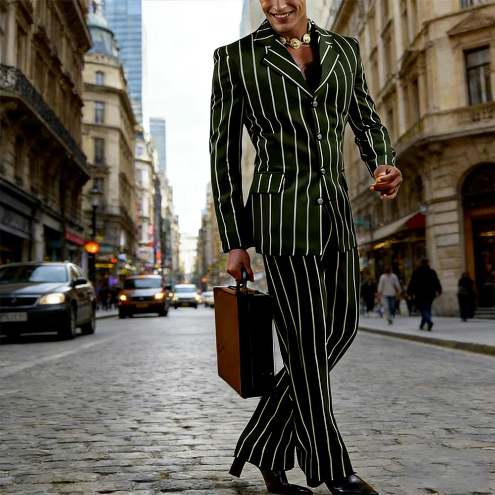 Men's Vintage Pinstripe 2 Piece Suit Set Double Breasted Peak Lapel Slim Fit Blazer Flared Pants Tuxedo For Wedding Prom