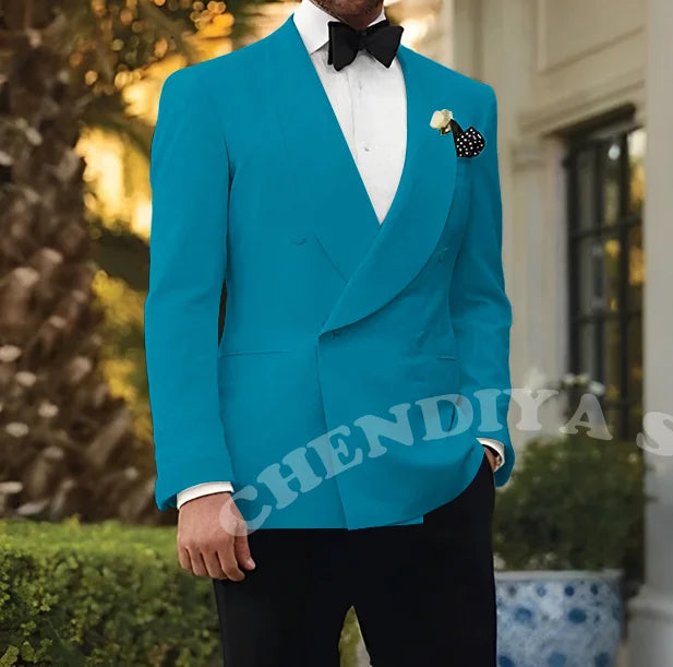 Double Breasted Men Suits Wedding Suit Groom Elegant Shawl Lapel 2 piece Slim Fit Man Set Jacket With Black Pants Formal Blazer