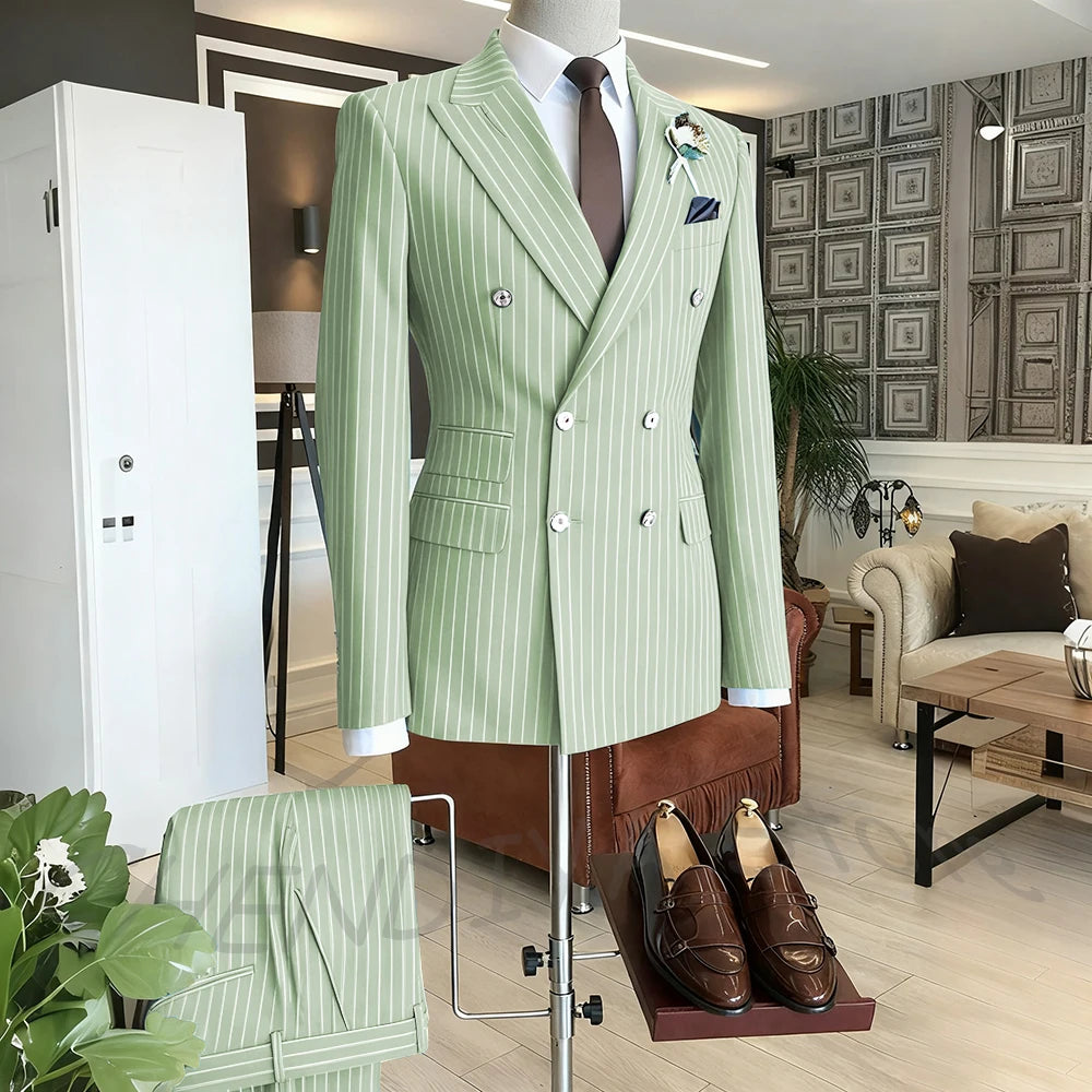 Brown Striped Men Suits Double Breasted Formal Outfits 2 Piece Male Clothing Business Casual Tailored Party Prom Jacket Pants