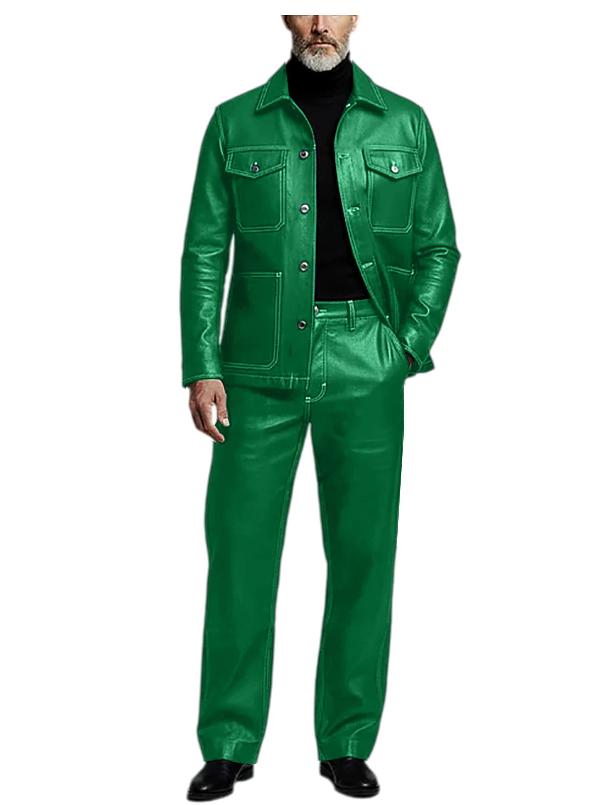 Men's 2 Piece PU Leather Suit Set Multi Pocket Shirt Collar Trucker Jacket Straight Leg Pants Business Casual Streetwear Outfits