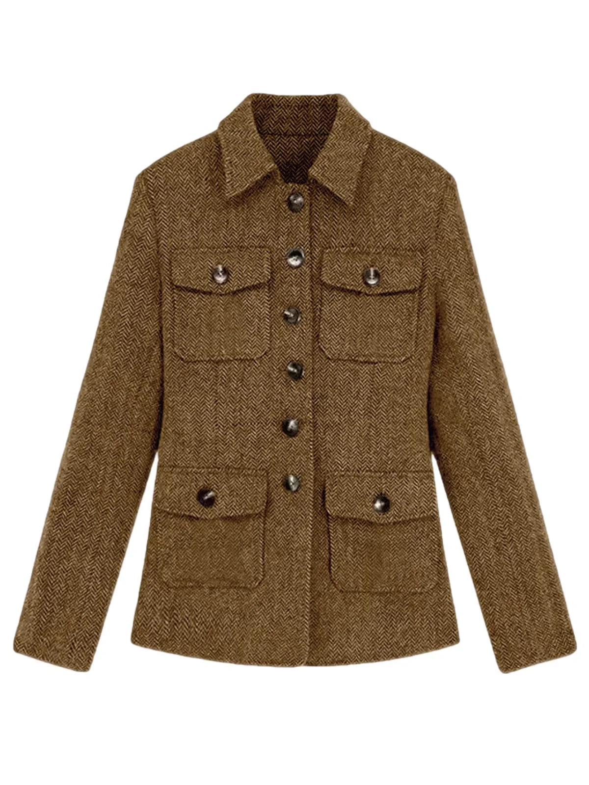 Men's Herringbone Wool Blend Blazer Jacket Notch Collar Utility Multi-Pocket Casual Overcoat For Spring Autumn