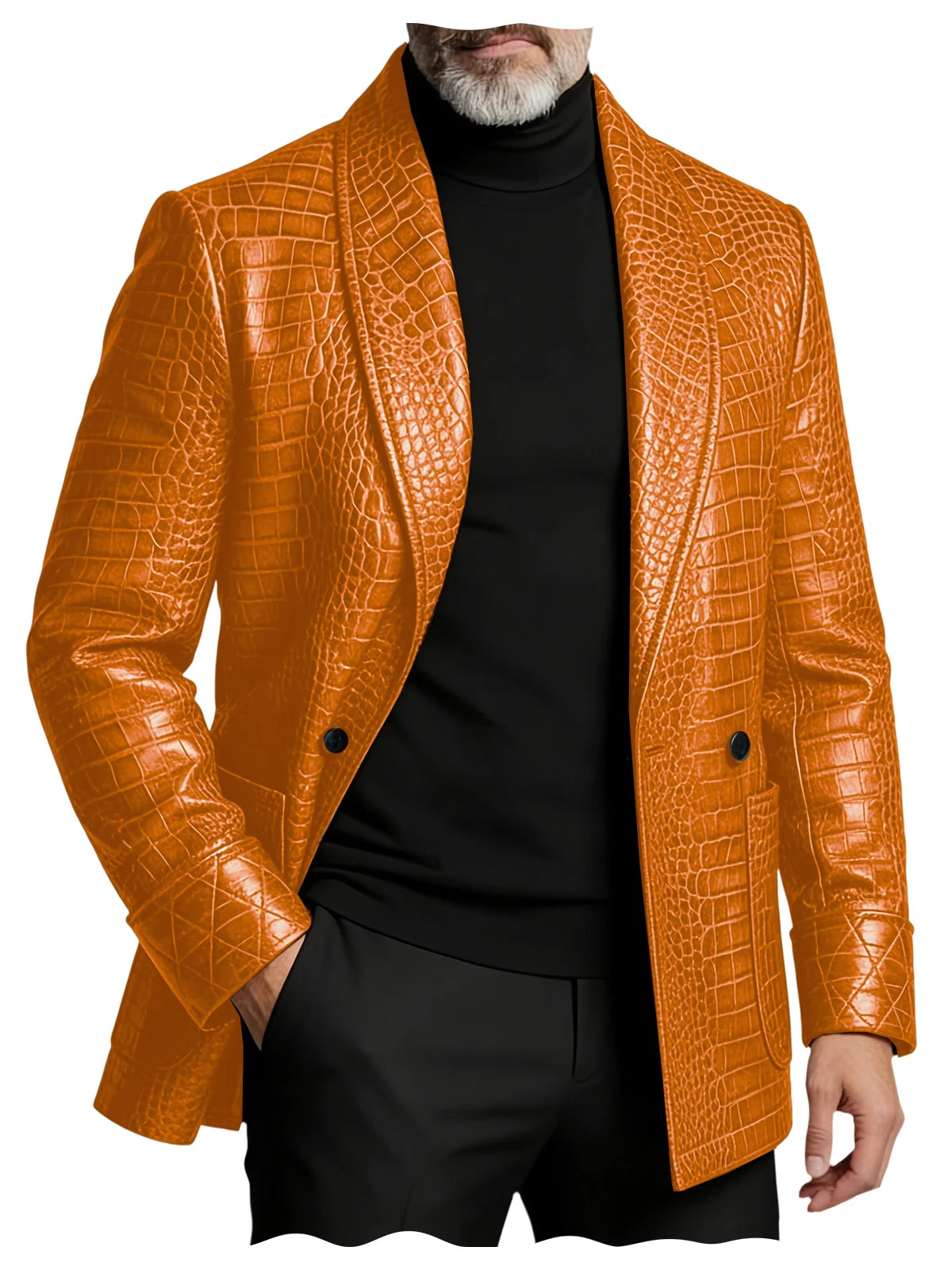 Men's Crocodile Embossed Leather Blazer Double Breasted Business Casual Brown Jacket Office Wear Formal Plus Size  Suit Coat