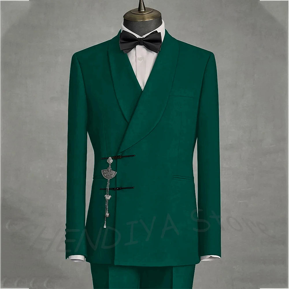 Solid Black Men's Suits Slim Fit Double Button Business Pants Suit Tailored Prom Party Wedding 2 Piece Jacket With Pants