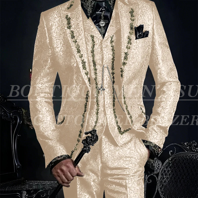 Elegant Black Jacquard Men Suits Embroidery Single Breasted Slim Fit 3 Piece Jacket Pants Vest Male Clothing Blazer Terno 2024