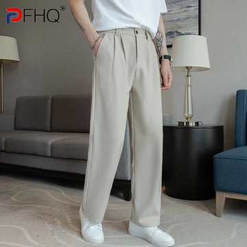 PFHQ Spring Autumn Straight Leg Suit Pants Half Elastic Loose 2024 Korea Fashion Solid Color Male Trousers Casual 21Z7514