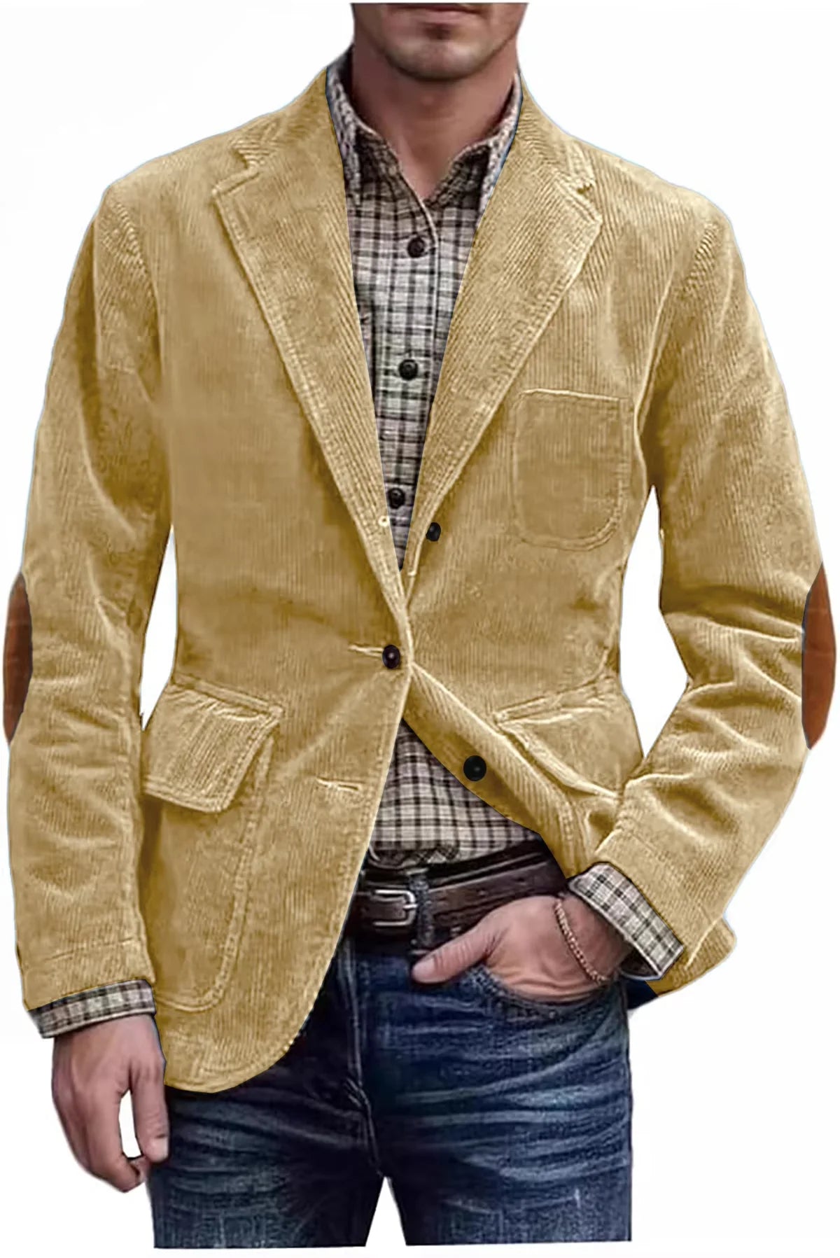 Men's Hunting Corduroy Blazer with Elbow Patches Vintage Tan Notched Lapel Casual Jacket British Slim Fit Daily Work Suit Coat
