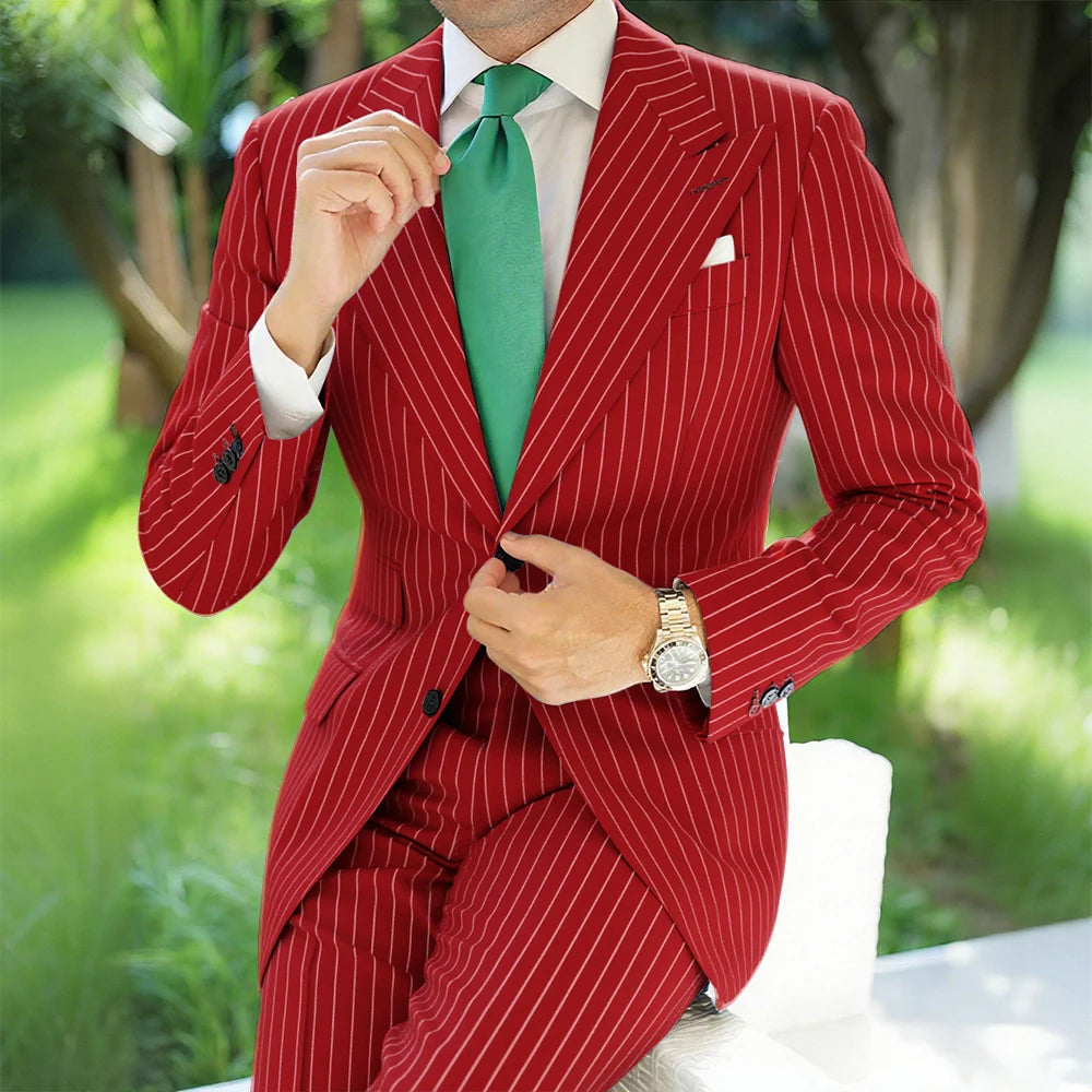 Hot Sale Navy Pinstripe Men's Suits Fashion Peaked Lapel Two Button Groom Wedding Business Prom Party Male Suit (Jacket+Pants)
