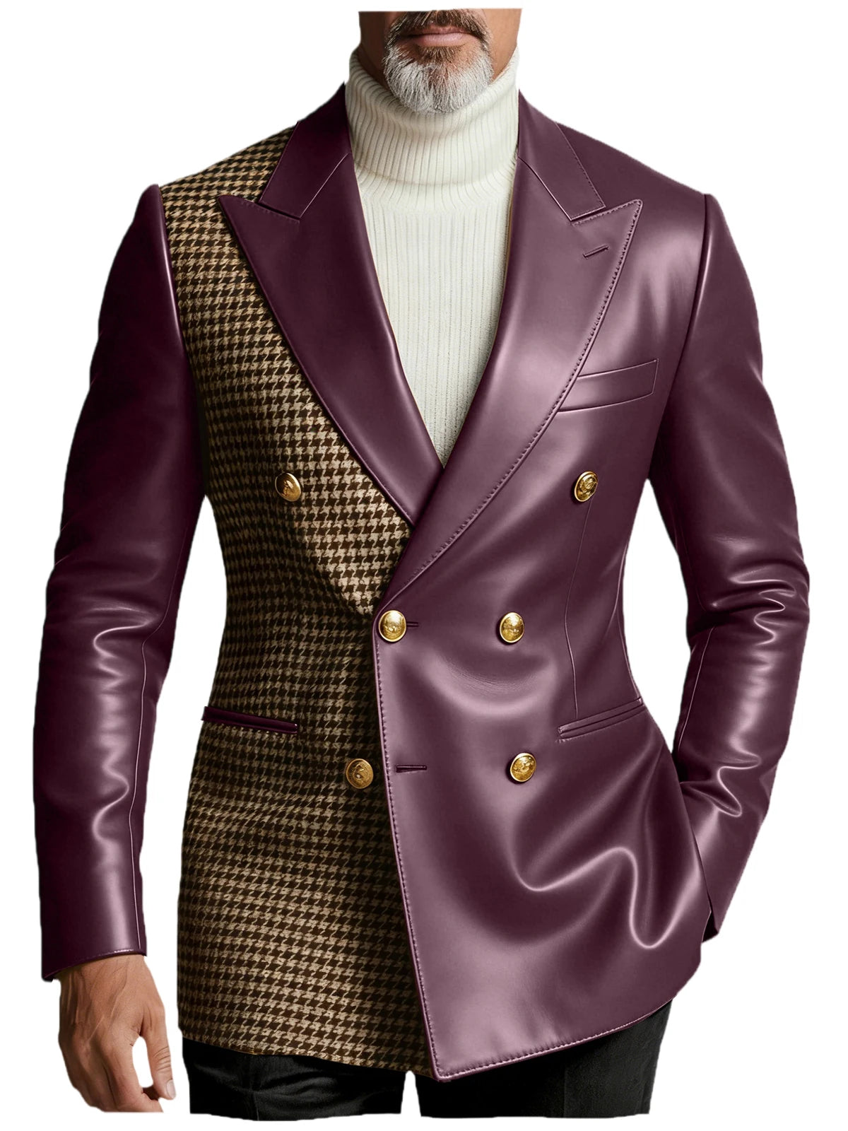 Men's Houndstooth Faux Leather Patchwork Blazer Jacket Double Breasted Peak Lapel Gold Button Slim Fit Suit For Business Casual