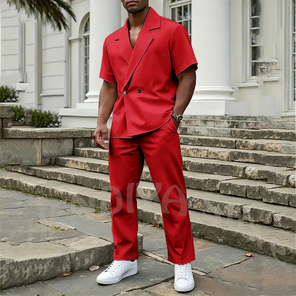 Stylish Men's 2 Piece Sets Notch Lapel Double Button Short Sleeves Blazer Suit Straight Fit Summer Casual Fashion Outfit