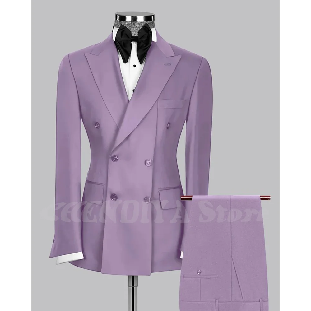 Peaked Lapel Slim Men's Suit High Quality Outfit Blazer Set Double Breasted Pleat Business Casual Formal Wedding Clothes