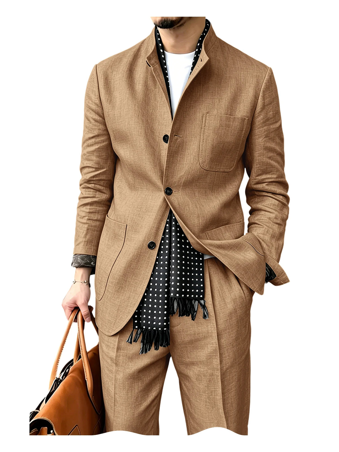 Men's Linen Blend 2 Piece Suit Set Stand Collar Three Button Breathable Casual Blazer Pants For Business Daily Wear Summer