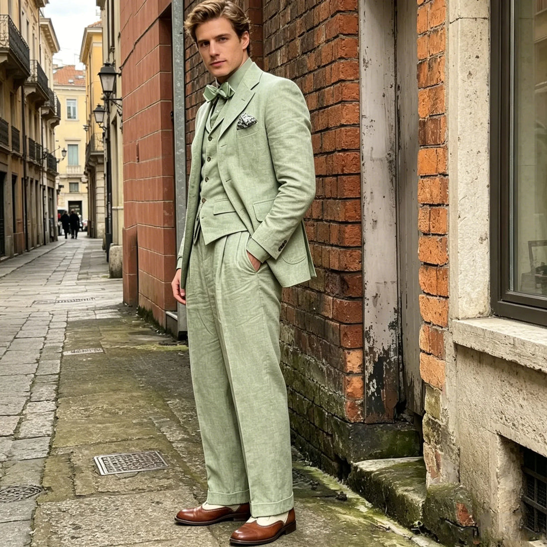 Vintage Men's Linen Suit 3 Piece Peak Lapel Linen Blazer Vest Wide Leg Pants Summer Lightweight Formal Set For Beach Wedding Pro