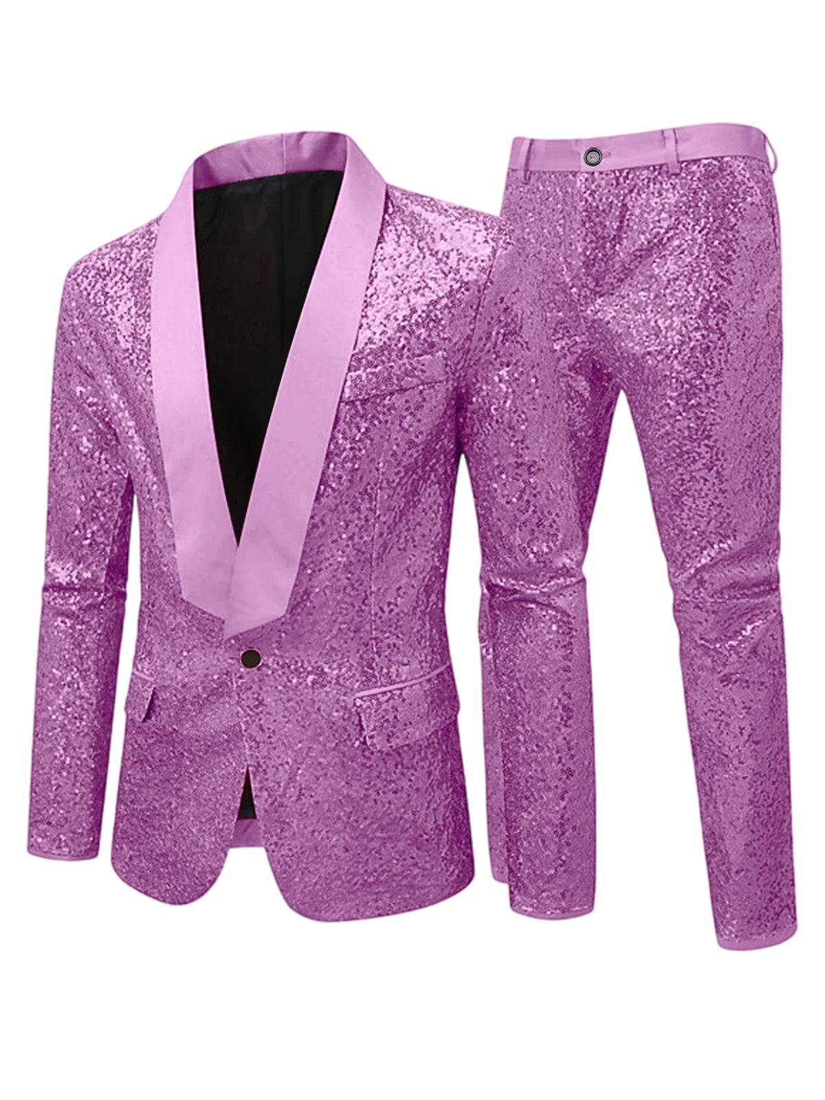 Men's Sequin Tuxedo Suit Set Shiny One Button Satin Patchwork Shawl Lapel Slim Fit 2 Piece Blazer Pants For Wedding Party Prom