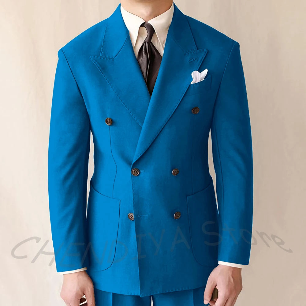British Style Men Suits Casual Business Double Breasted Suit Jacket Wedding Groom Business Social Banquet Tuxedo Costume