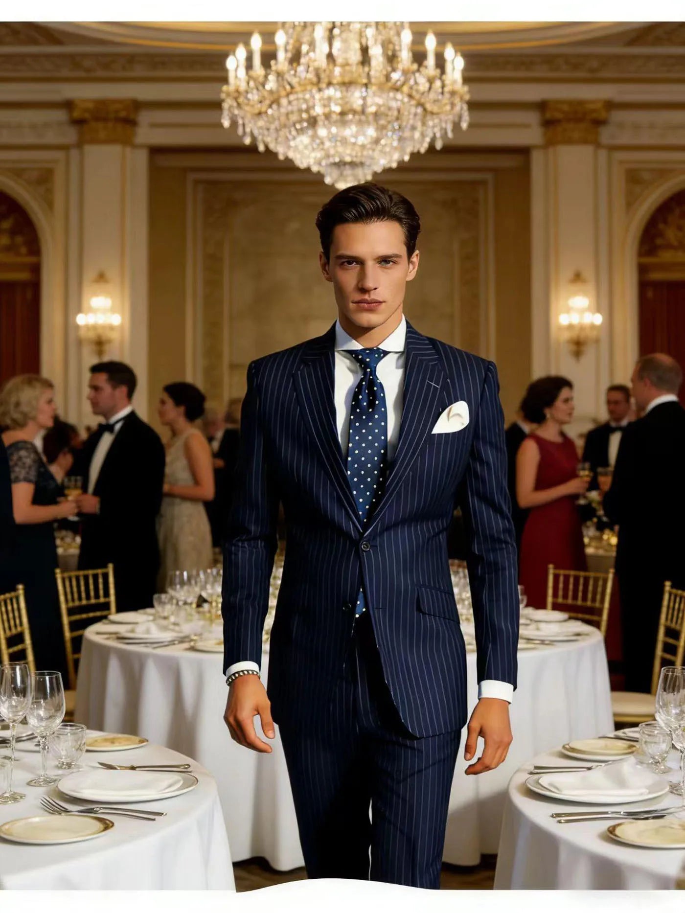 Mens Pinstripe Suit Tuxedo 2-Piece Slim Fit Blazer Pants Set Formal Business Wedding Jacket Trousers For Spring