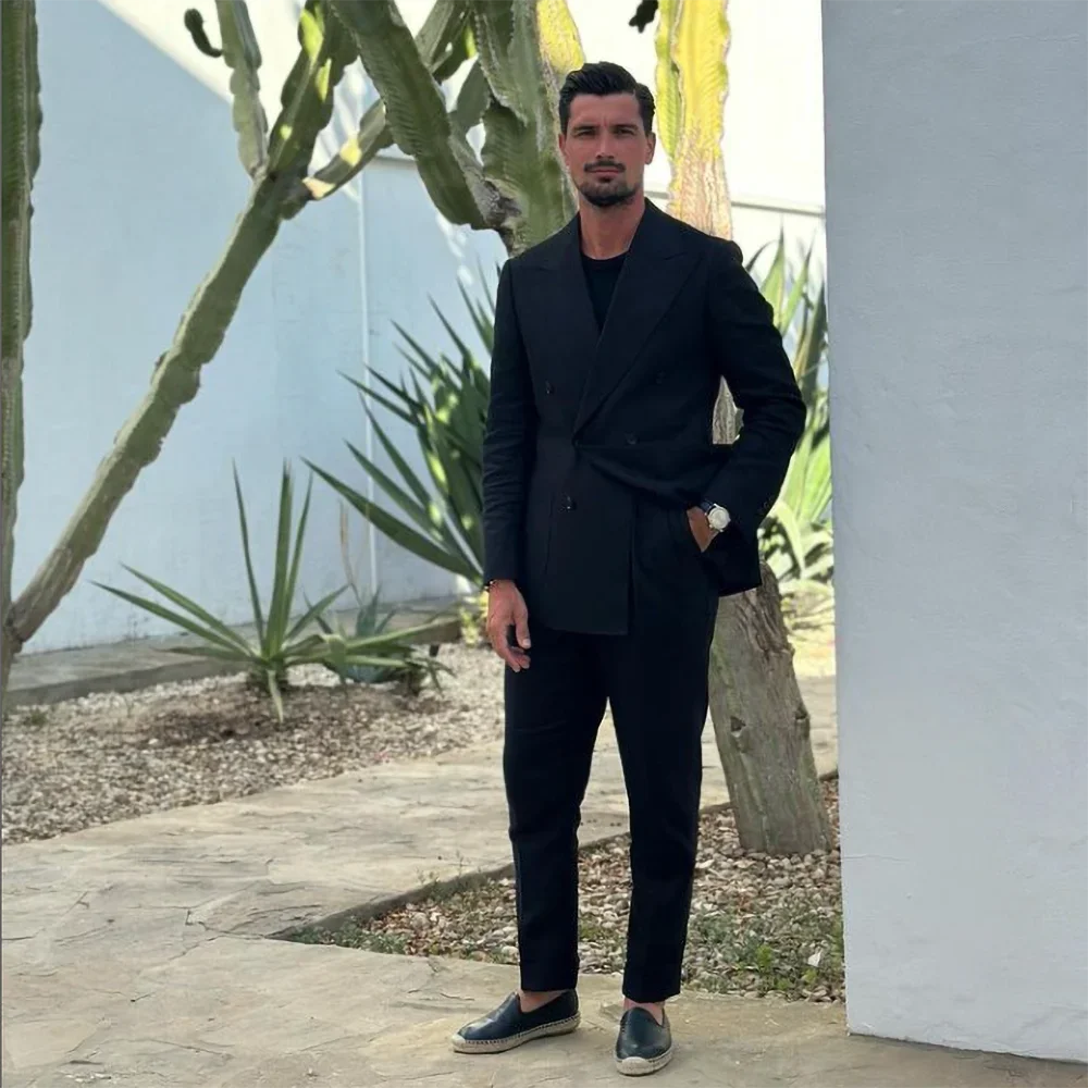 Fashion Men's Suits Black Notch Lapel Double Breasted Classic Smart Casual 2 Piece Prom Party Wedding Tuxedo Slim Costume Homme