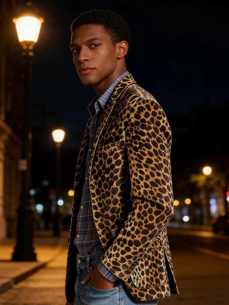 High-Quality Men's Suit Jacket New Leopard Print Velvet Single Breasted Men's Suit Coat Wild And Trendy Handsome Men's Blazer