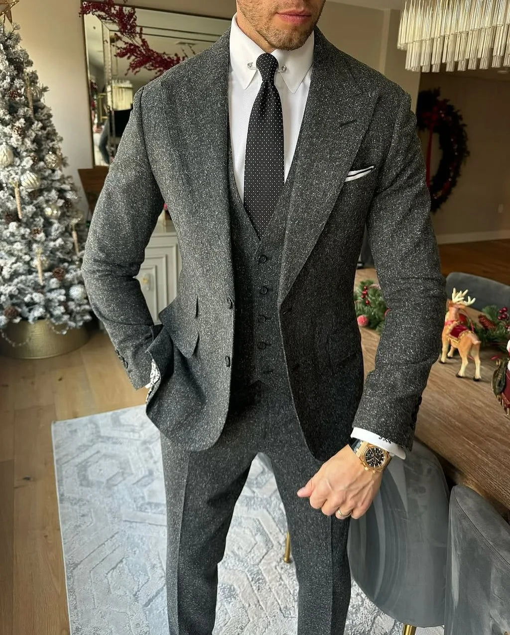 Grey Woolen Men Suits for Winter Prom 3 Pieces Wedding Tuxedo for Groom Italian Fashion Style Set Jacket Vest with Pants