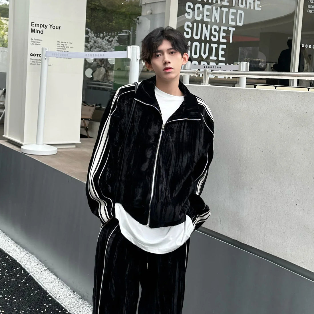 High-end Feeling Cardigan Jacket Color Block Striped Sweatshirt 2-piece Set Couple Casual Sports Suit For Men