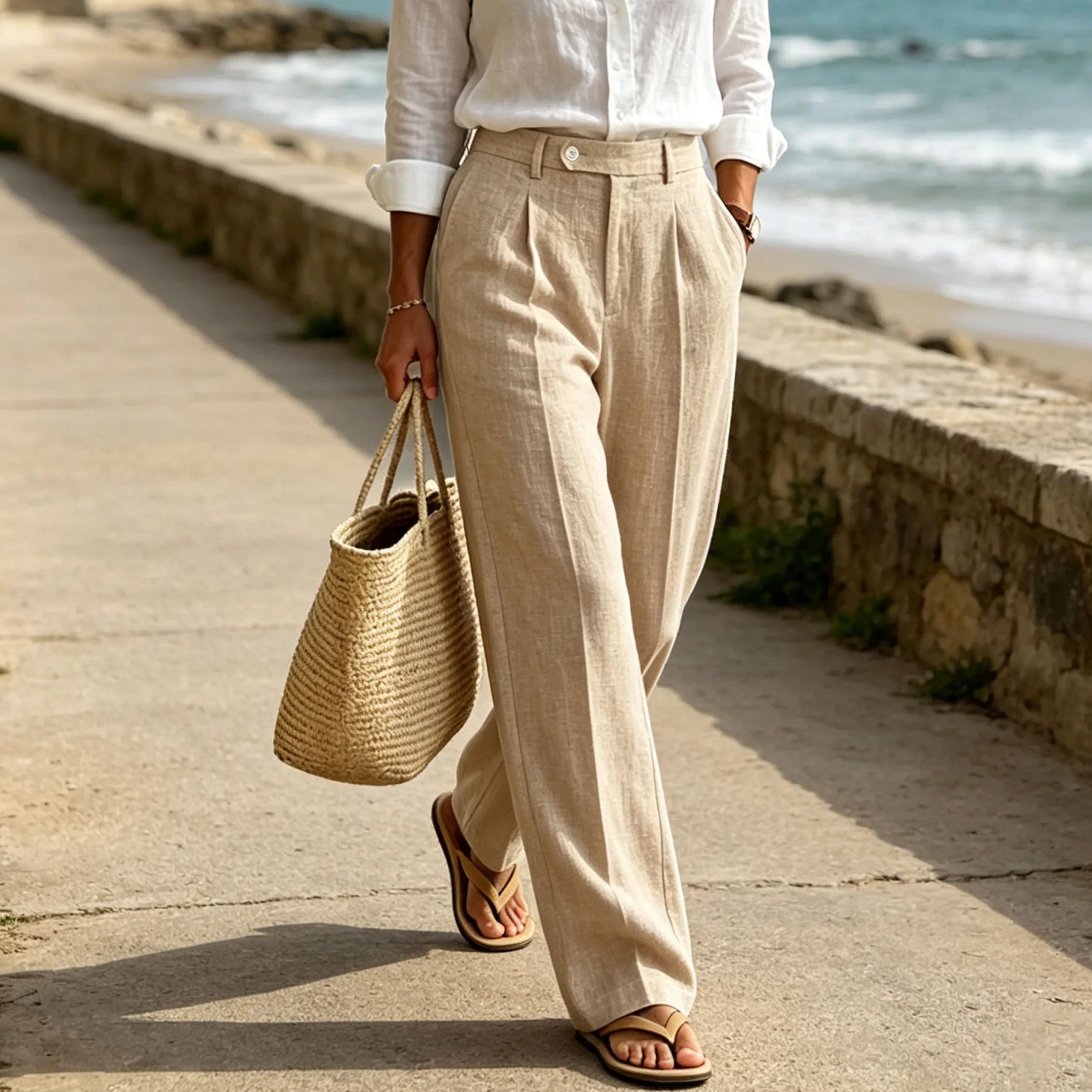 Men's Linen Beige Pants Straight Leg Trousers High Waist Pleated Lightweight Breathable Cool Summer Casual For Beach Vacation