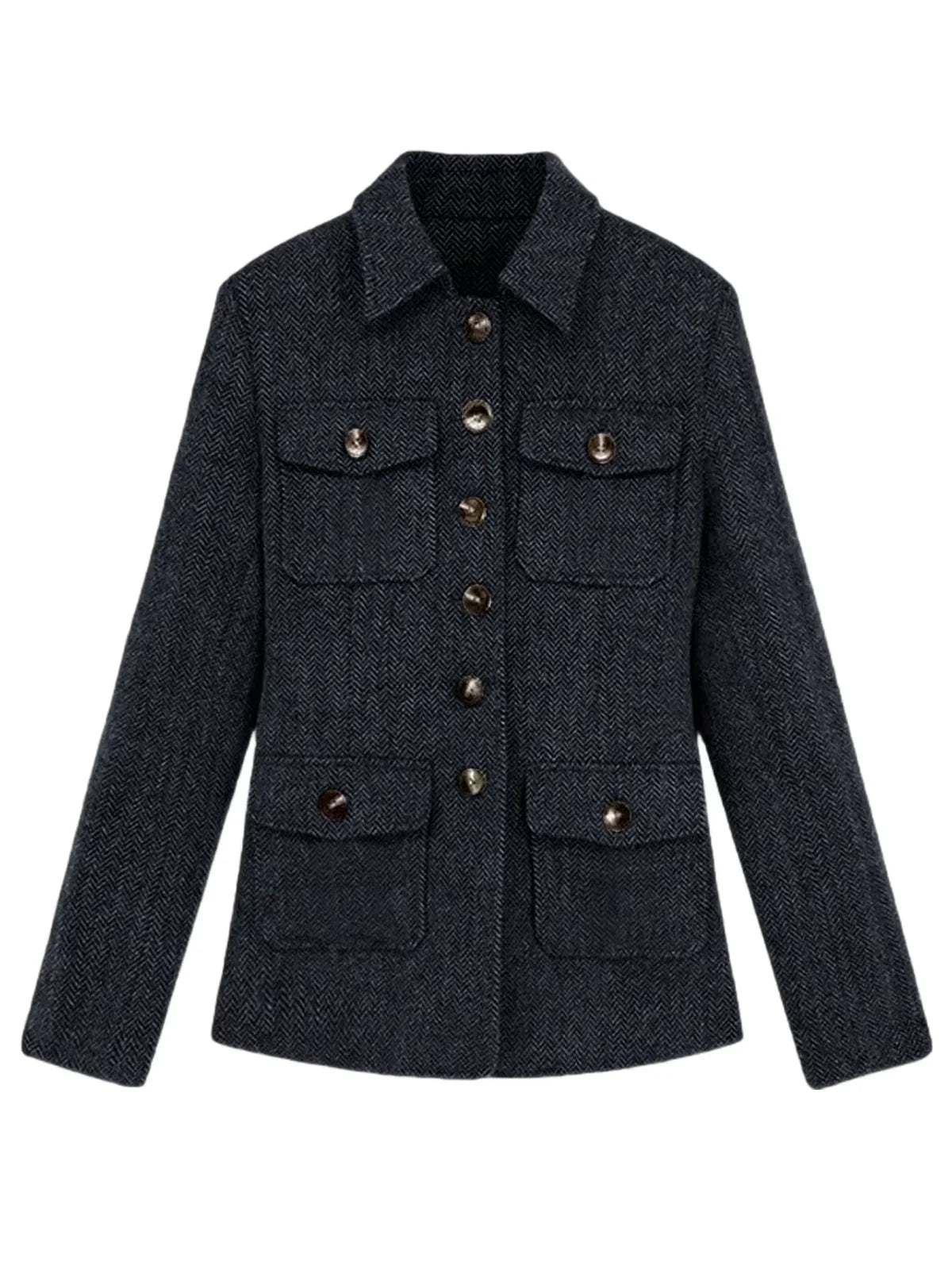 Men's Herringbone Wool Blend Blazer Jacket Notch Collar Utility Multi-Pocket Casual Overcoat For Spring Autumn