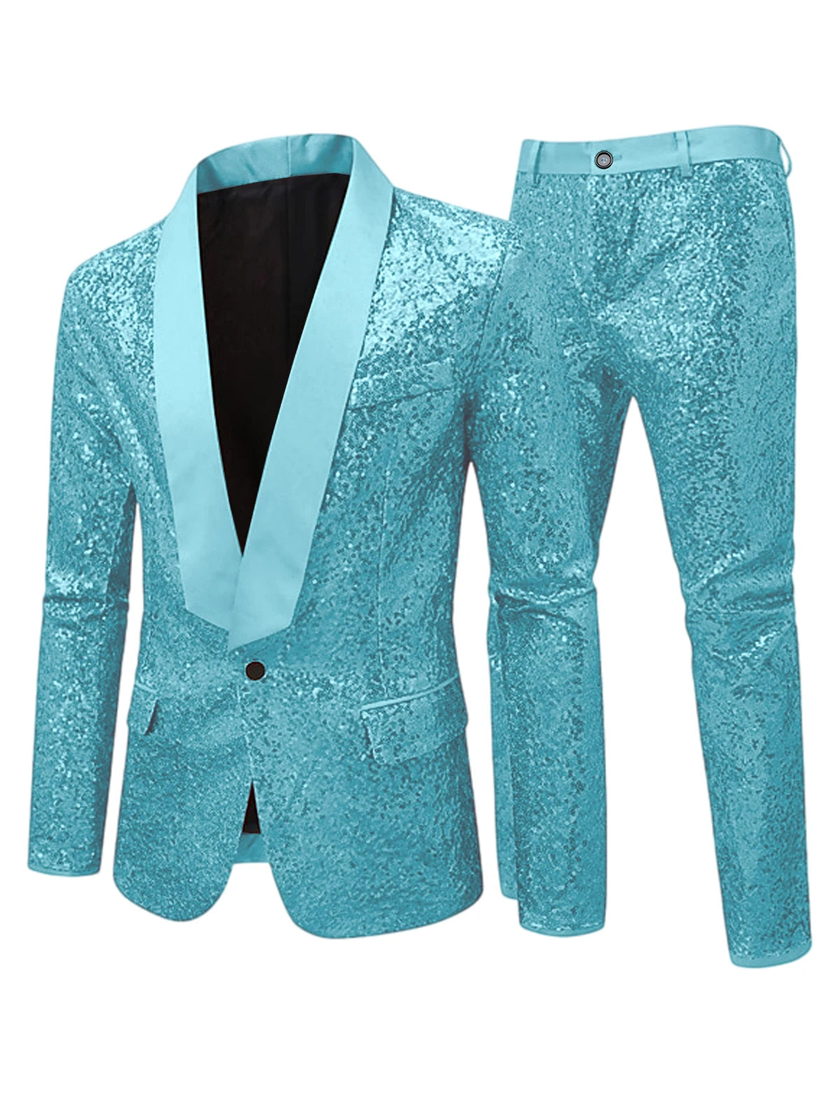 Men's Sequin Tuxedo Suit Set Shiny One Button Satin Patchwork Shawl Lapel Slim Fit 2 Piece Blazer Pants For Wedding Party Prom