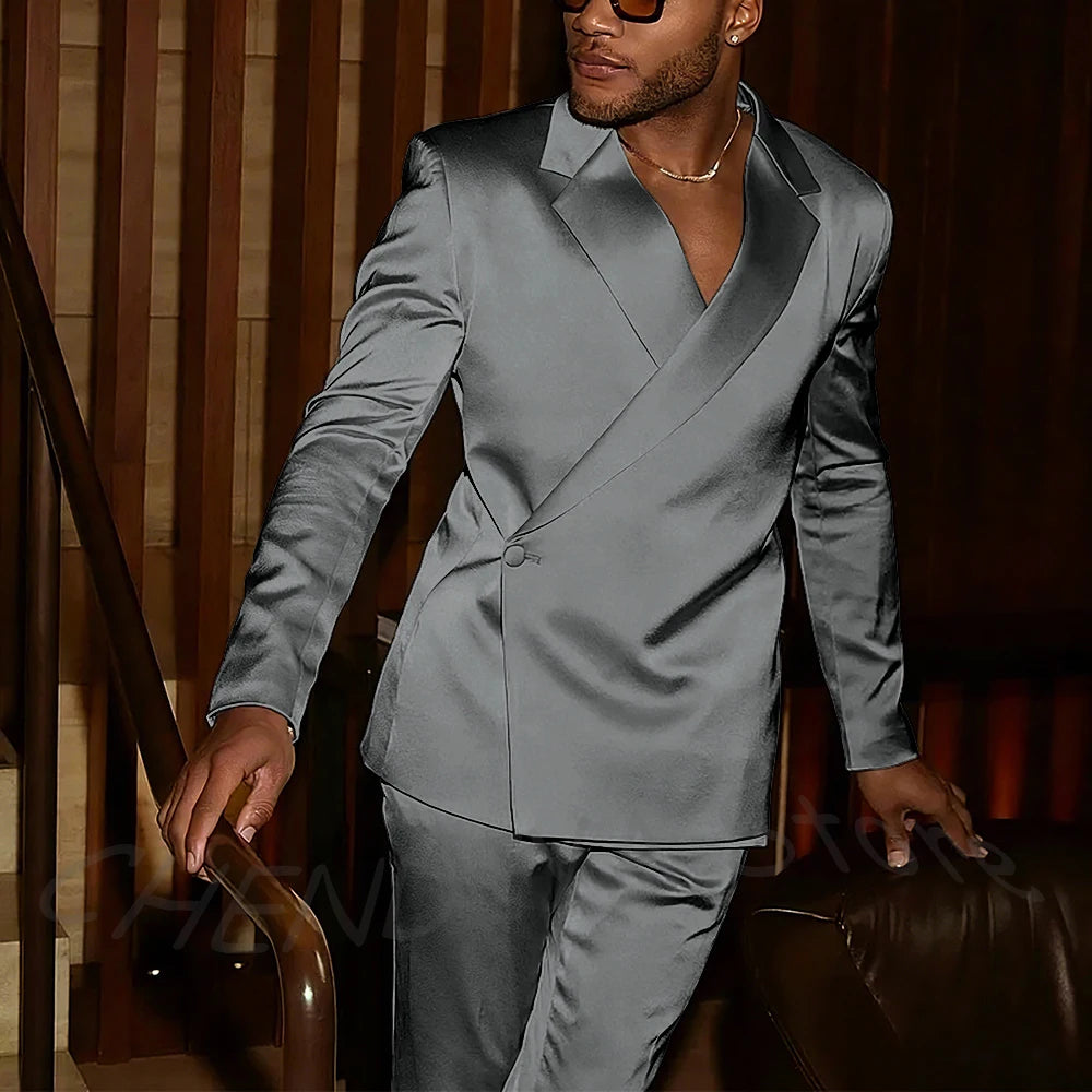 Fashion Notch Lapel Satin Men Suit High Quality Single Button Slim Fitted Outfit Jacket Pants Model Show Party Prom Male Set