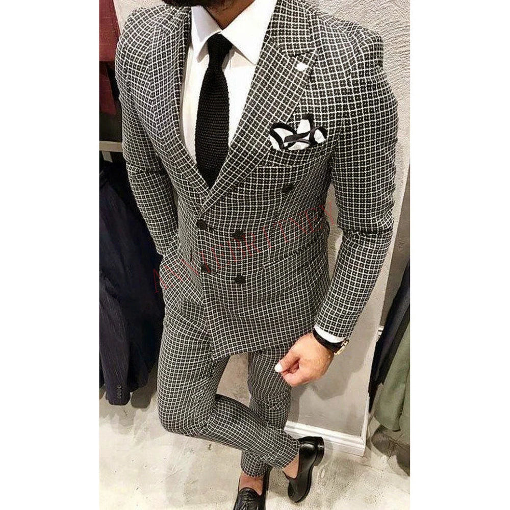 Fashion Lattice Men's Suit Slim Fit Prom Wedding Suits For Men Groom Tuxedo Jacket Pants Set Custom Casual Formal 2 Piece