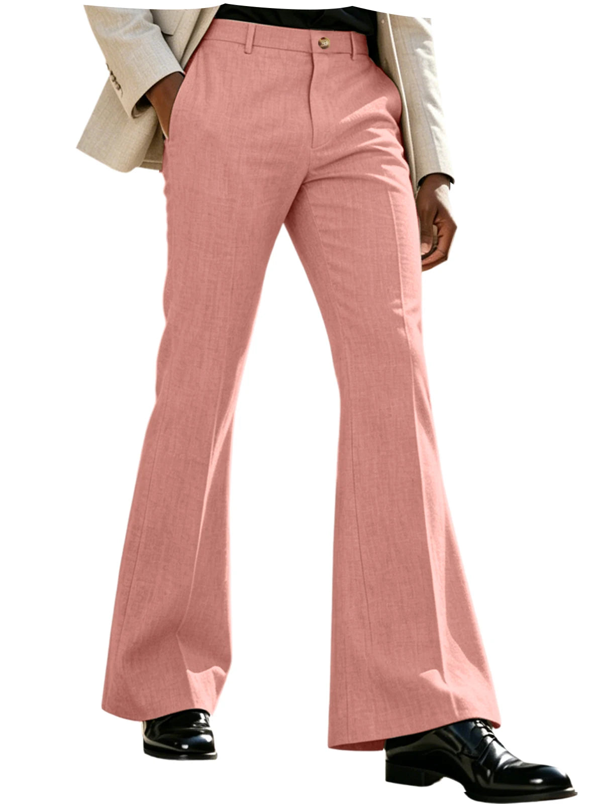 Men's Beige Linen Flare Pants High Waist Bell Bottom Lightweight Wrinkle Resistant Slim Fit Trousers For Summer Business Casual