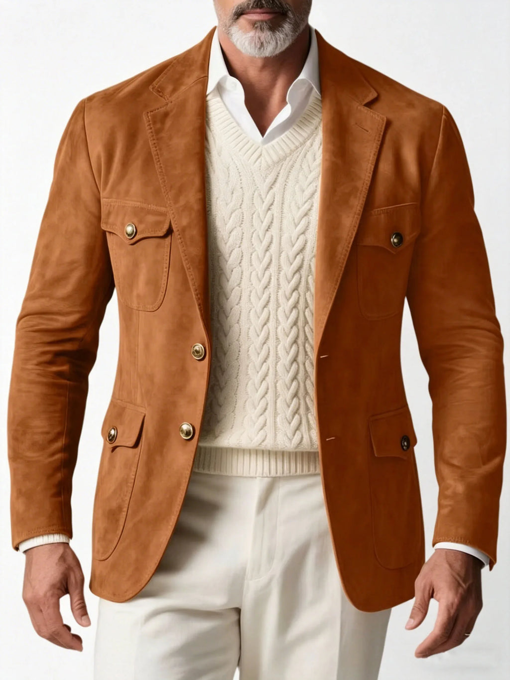 1970s Men's Suede Blazer Retro Slim Fit Two Buttons Multi Pocket High Quality Jacket Fashion Casual Sport Coat For Daily Wear