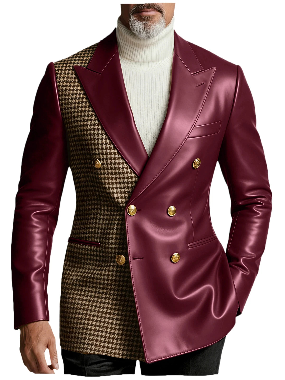 Men's Houndstooth Faux Leather Patchwork Blazer Jacket Double Breasted Peak Lapel Gold Button Slim Fit Suit For Business Casual