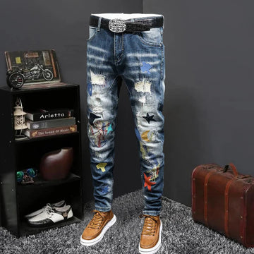 Retro bordado em retalhos buraco de jeans jeans moda moda jeans calça de calça de calça imprimida jeans slim jeans ripped jeans sem cinto