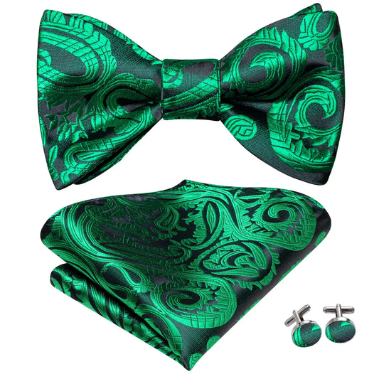 Hi-Tie Gold Green Silk Mens Self Bow Tie Hanky Cufflinks Set Male Jacquard Floral Paisley Butterfly Knot Bowtie Wedding Business