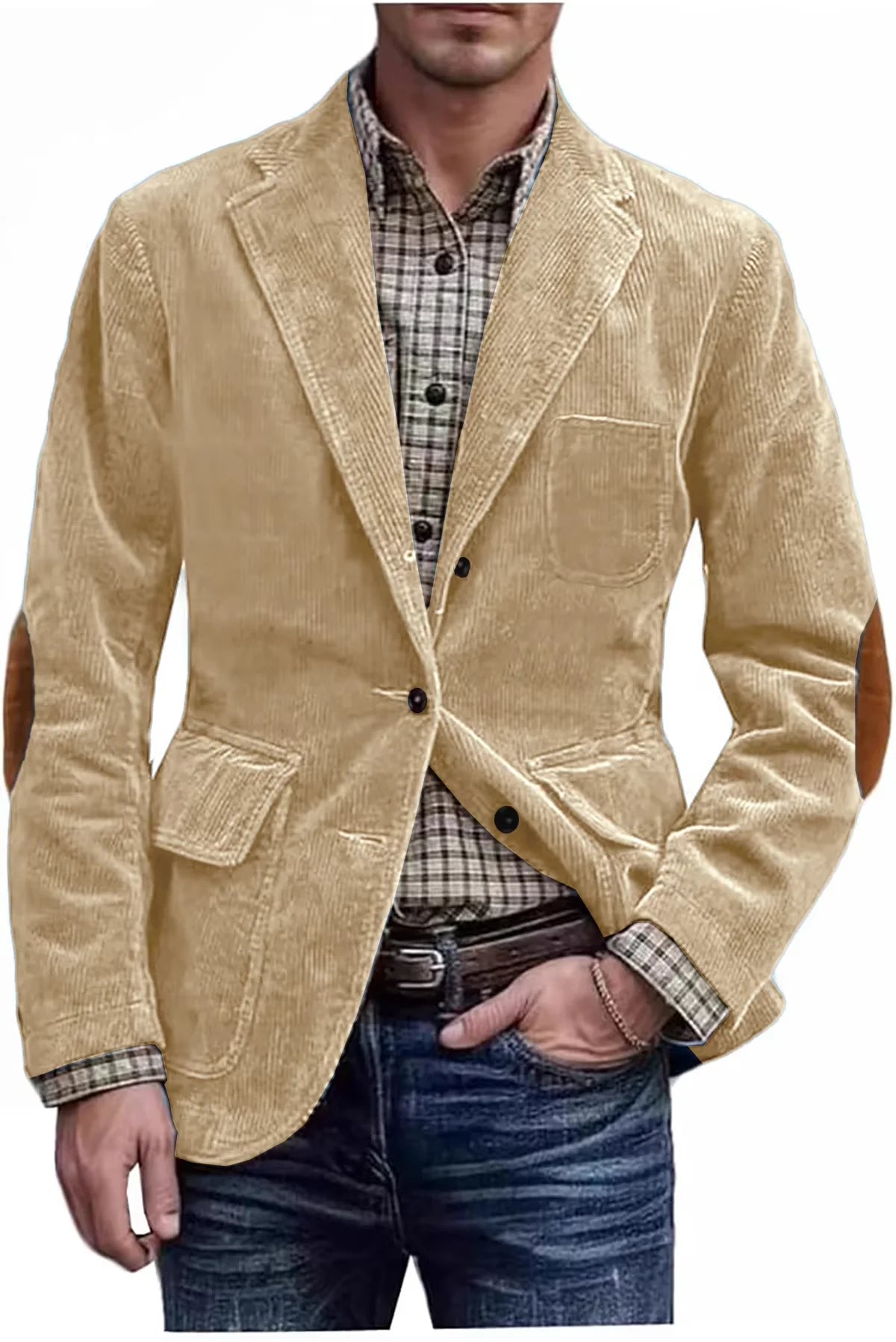 Men's Hunting Corduroy Blazer with Elbow Patches Vintage Tan Notched Lapel Casual Jacket British Slim Fit Daily Work Suit Coat