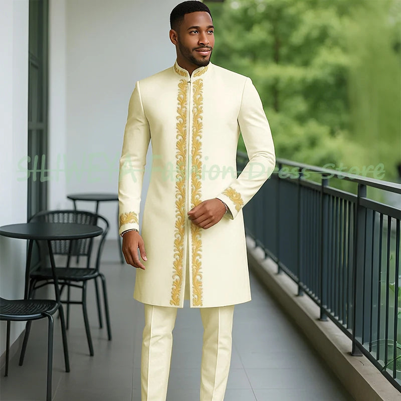 High Quality Men Retro Figure Slim Fit Tuxedo Prom Suit Fashion White Male Groom Wedding 2 Pieces Blazer Set