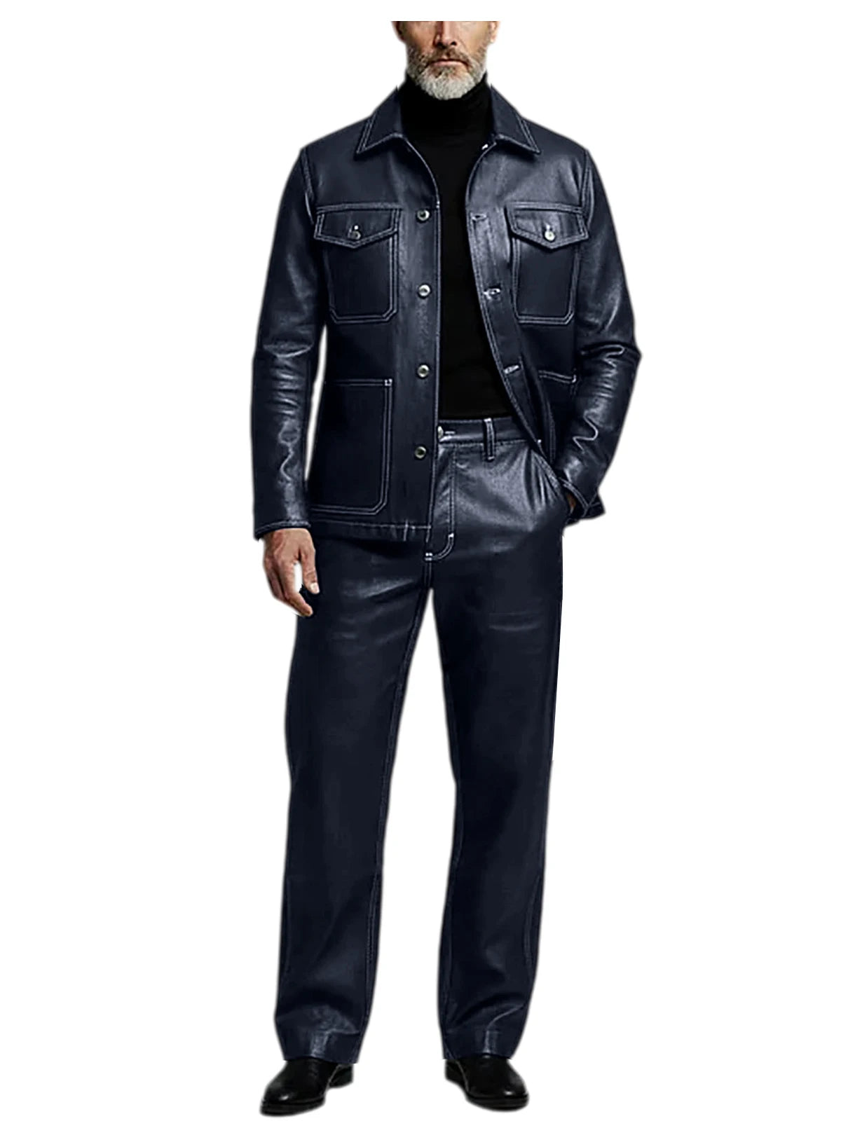 Men's 2 Piece PU Leather Suit Set Multi Pocket Shirt Collar Trucker Jacket Straight Leg Pants Business Casual Streetwear Outfits