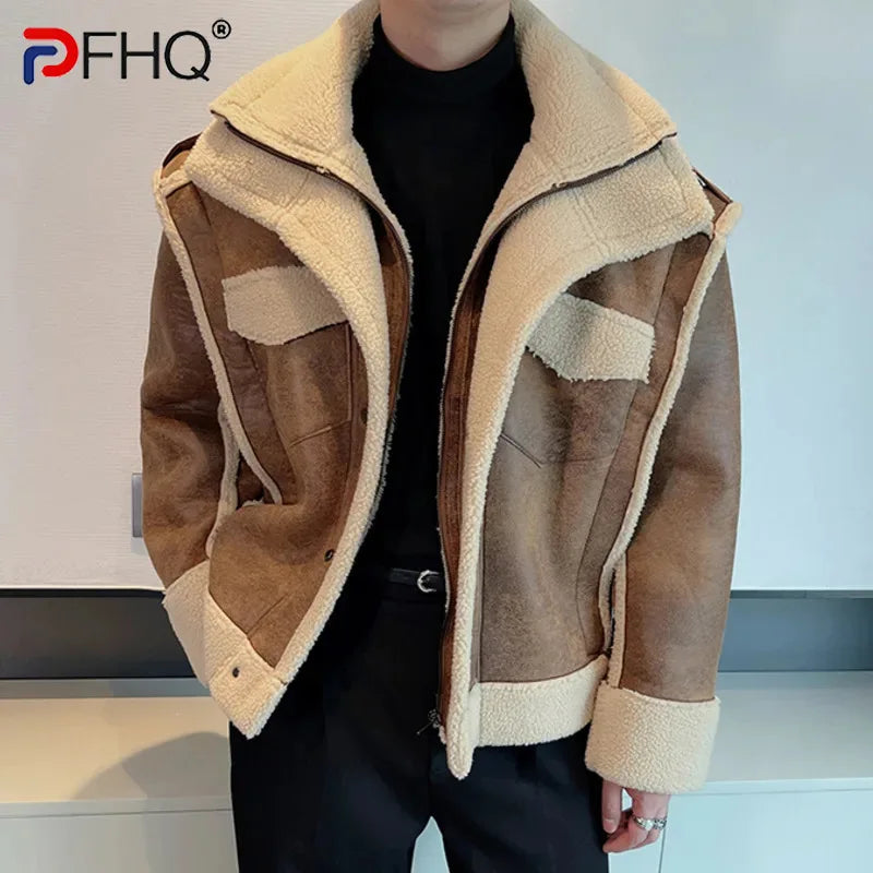 PFHQ Thickened Jacket American Style Men's PU Leather Male Jackets Double Collar Zipper Casual Contrast Color New Tide 9C7732