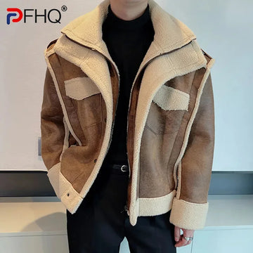 PFHQ Thickened Jacket American Style Men's PU Leather Male Jackets Double Collar Zipper Casual Contrast Color New Tide 9C7732