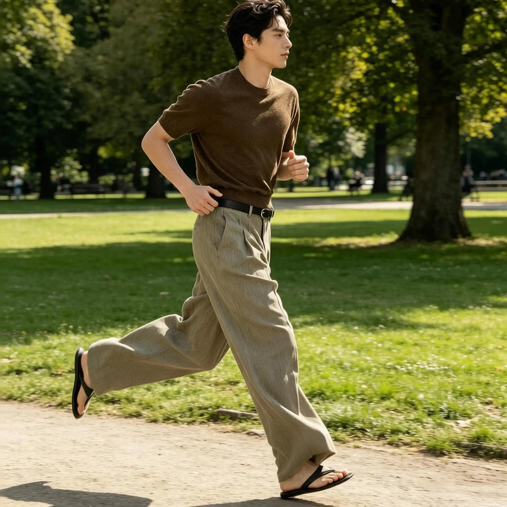 Men Linen Wide Leg Pants High Waist Pleated Casual Trousers Breathable Loose Straight Suit Pants Streetwear