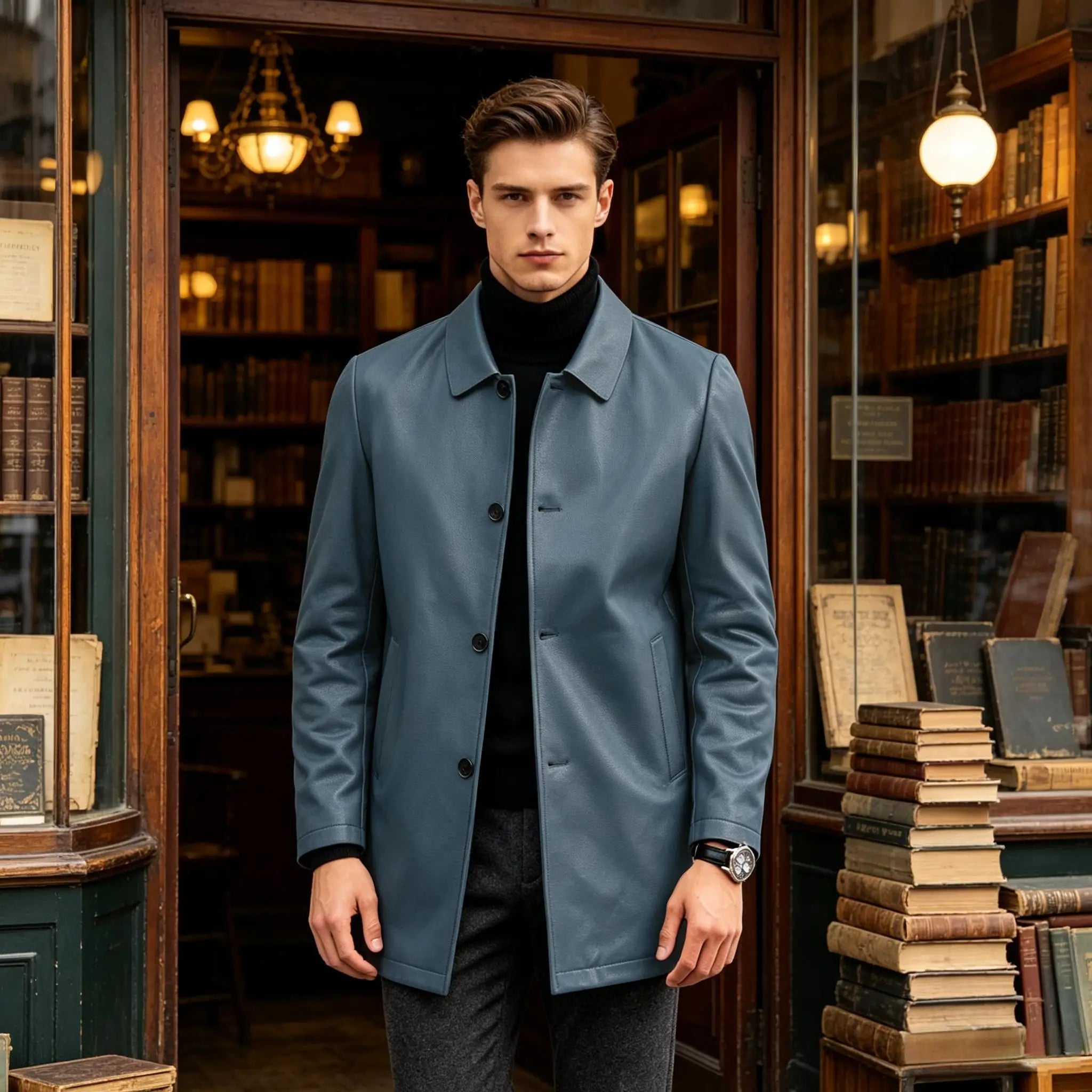 Men Premium Leather-Like Trench Coat Turn-Down Collar Single Breasted Mid-Length Overcoat Classic Slim Fit Business Casual Wear