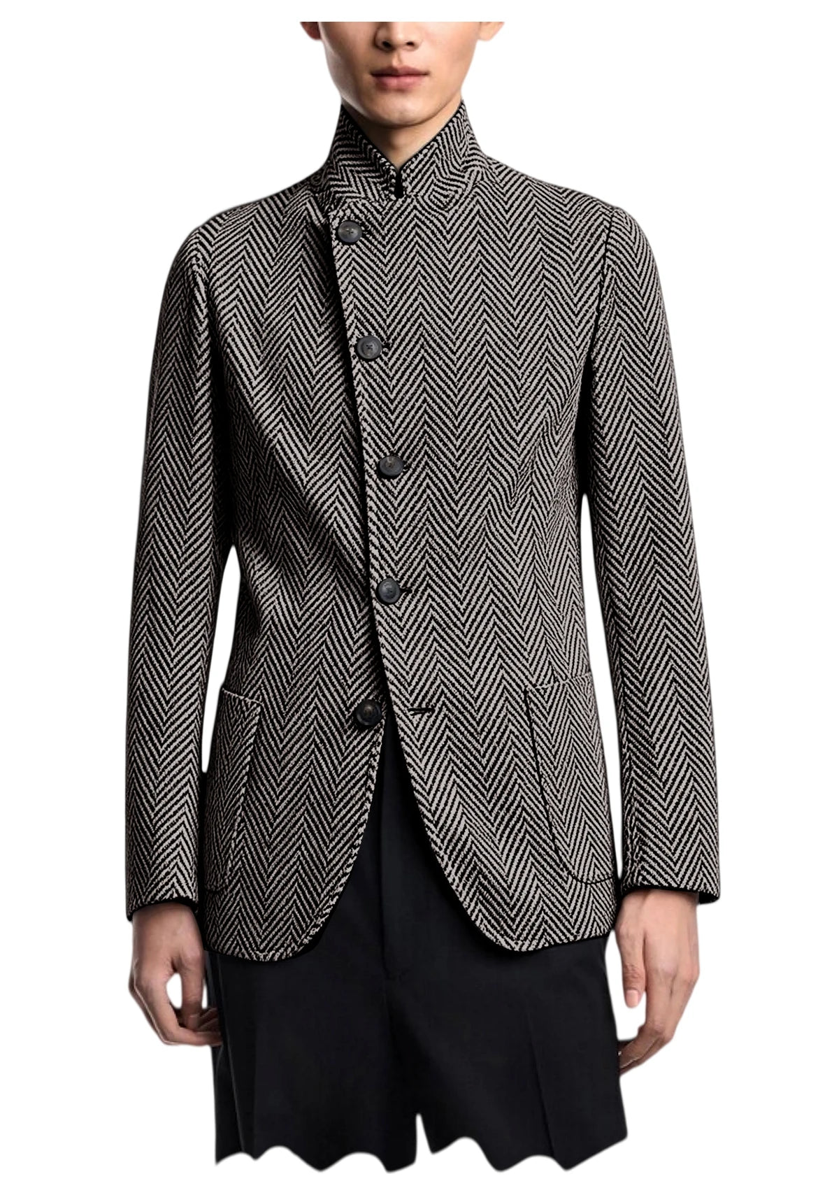 Vintage Men's Herringbone Jacket Stand Collar Slim Fit Wool Blend Formal Blazer Fashion British Style Sport Coat Business Casual