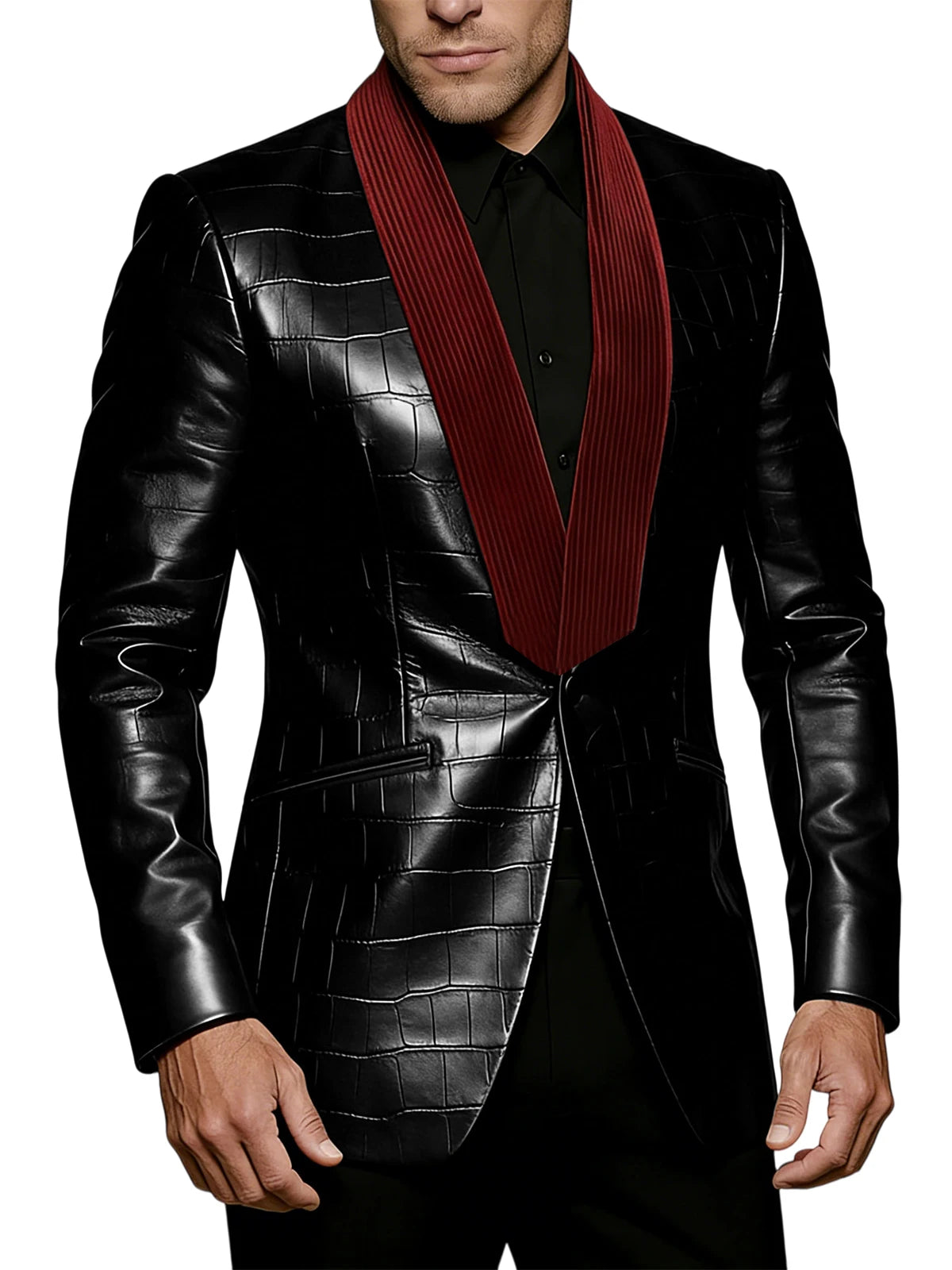 Men's Crocodile Pattern Leather Blazer Corduroy Patchwork 1 Button Shawl Collar Suit Jacket Slim Fit Business Formal Outerwear