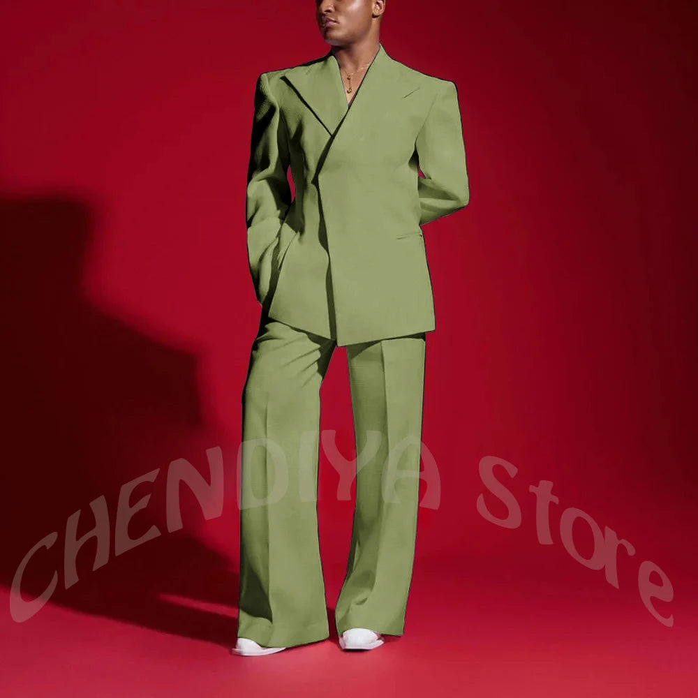 Elegant White Men Suit Peak Lapel Handsome Casual Male Clothing Two Pieces Jacket Pants Banquet Party Suits Set Straight